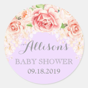 Purple Pink Watercolor Flowers Baby Shower Favour Classic Round Sticker