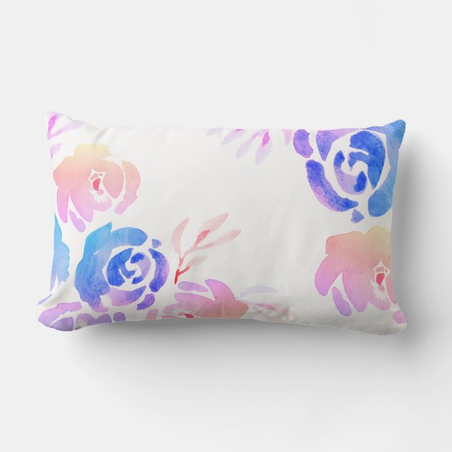 Purple & Pink Watercolor Flowers & Foliage Lumbar Cushion (Front)