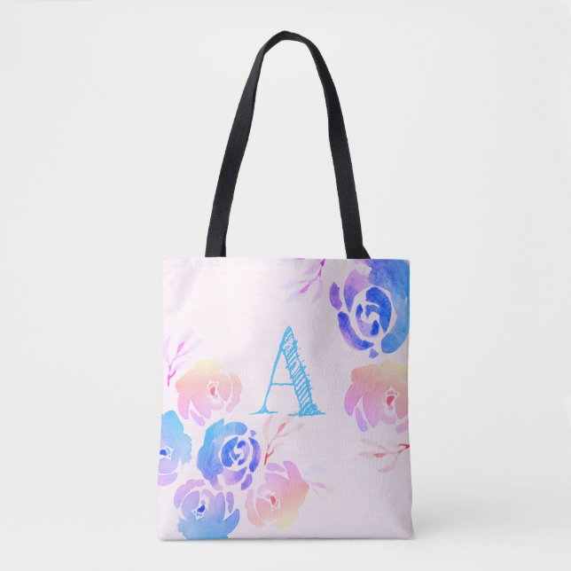 Purple & Pink Watercolor Flowers & Foliage Tote Bag (Front)