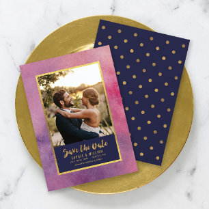 Purple Pink Watercolor & Gold Save the Date Photo