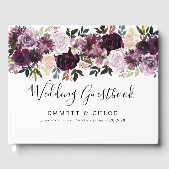 Purple Pink Watercolor Rose Floral Wedding Guest Book (Front)