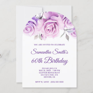 Purple Pink Watercolor Roses 60th Birthday Invitation