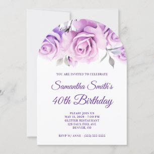 Purple Pink Watercolor Roses Photo 40th Birthday Invitation