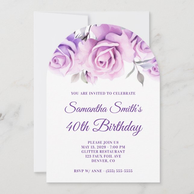 Purple Pink Watercolor Roses Photo 40th Birthday Invitation (Front)