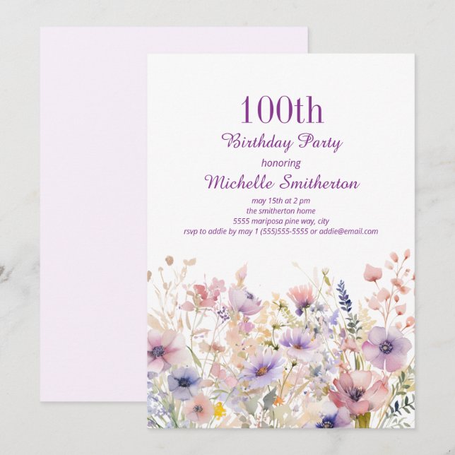 Purple Pink Watercolor Wildflower 100th Birthday Invitation (Front/Back)