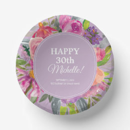 Purple Pink Watercolor Wildflower 30th Birthday Paper Plate