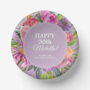 Purple Pink Watercolor Wildflower 30th Birthday Paper Plate