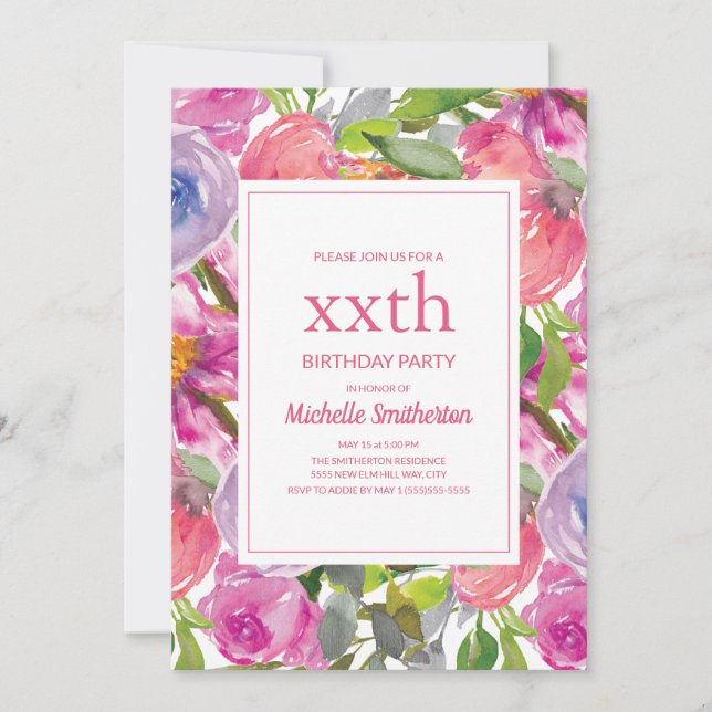 Purple Pink Watercolor Wildflower Any Age Birthday Invitation (Front)