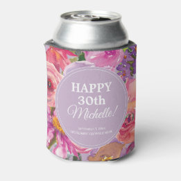 Purple Pink Watercolor Wildflowers 30th Birthday Can Cooler