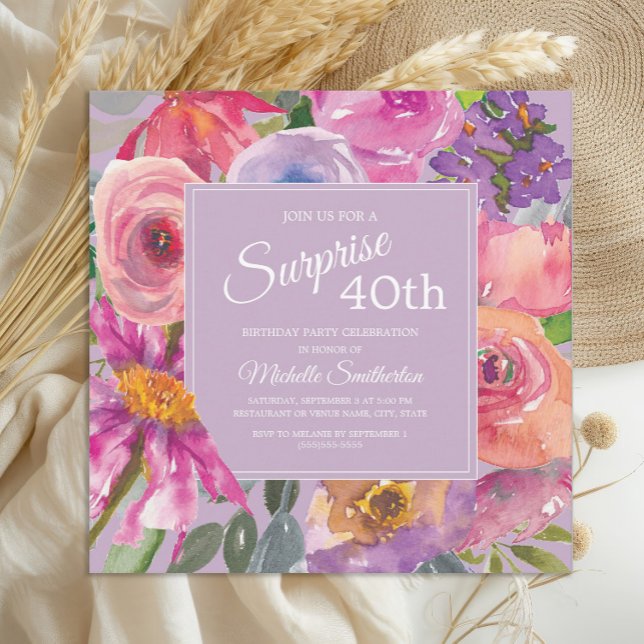 Purple Pink Watercolor Wildflowers 40th Birthday Invitation (Pink and purple watercolor floral surprise 40th birthday party invitation)