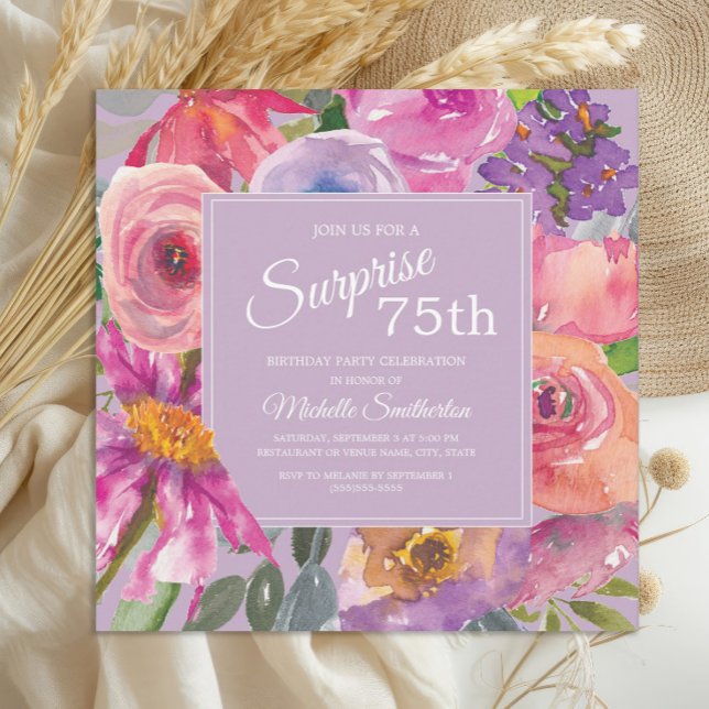 Purple Pink Watercolor Wildflowers 75th Birthday Invitation (Elegant purple and pink watercolor wildflowers surprise 75th birthday party invitation)
