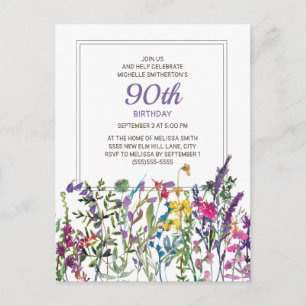 Purple Pink Watercolor Wildflowers 90th Birthday Postcard