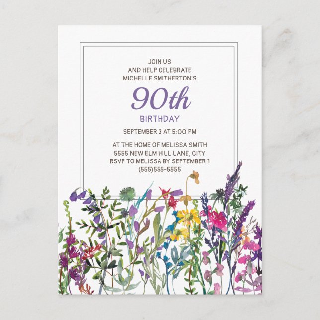 Purple Pink Watercolor Wildflowers 90th Birthday Postcard (Front)