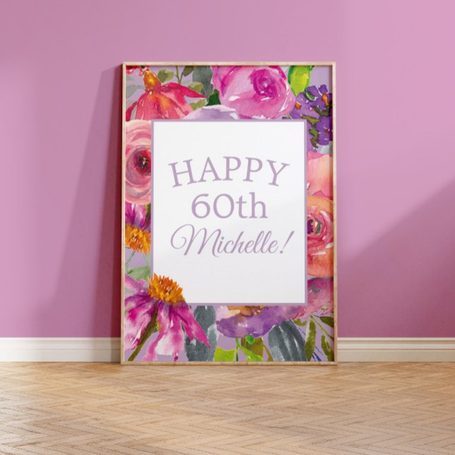 Purple Pink Watercolor Wildflowers Happy 60th Poster (Creator Uploaded)