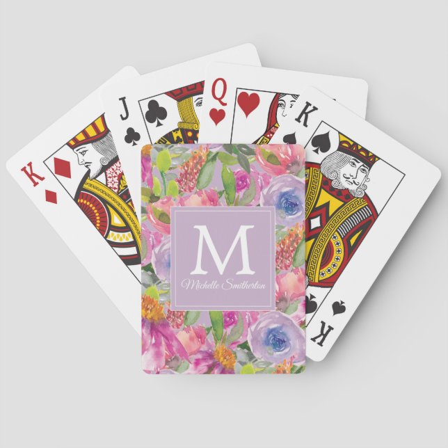 Purple Pink Watercolor Wildflowers Monogram  Playing Cards (Back)