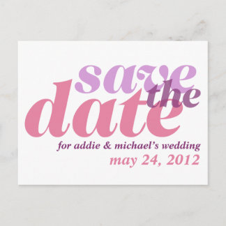 Purple pink wedding announcement save the date postcard
