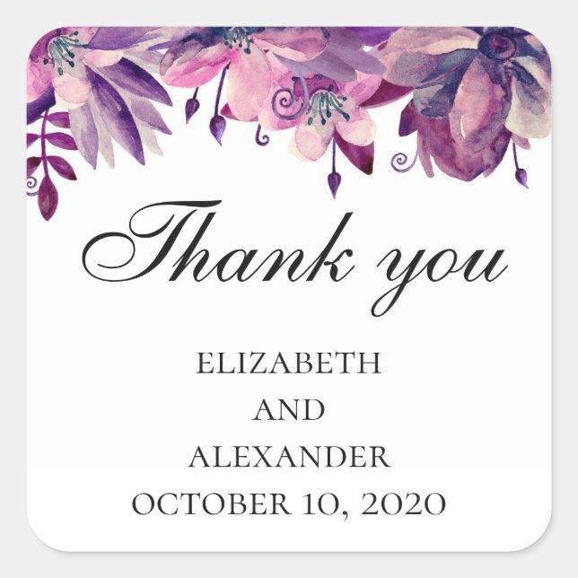 Purple pink wedding thank you. Watercolor flowers Square Sticker (Front)