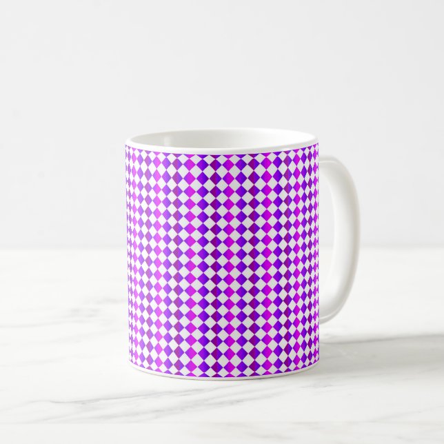 Purple Pink White Chequered Diamond Pattern Coffee Mug (Front Right)
