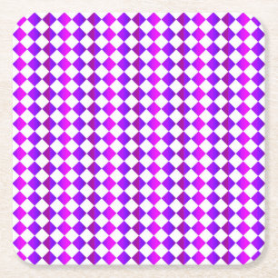 Purple Pink White Chequered Diamond Pattern Square Paper Coaster