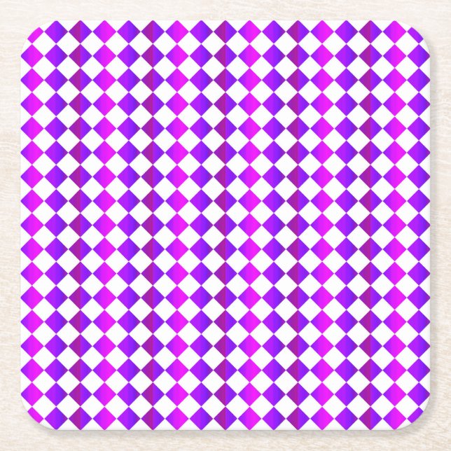 Purple Pink White Chequered Diamond Pattern Square Paper Coaster (Front)