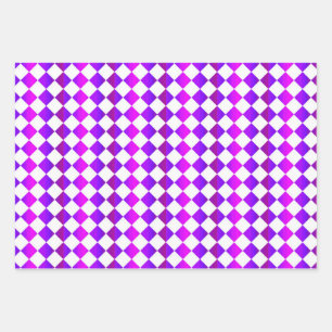 Purple Pink White Chequered Diamond Pattern Wrapping Paper Sheet
