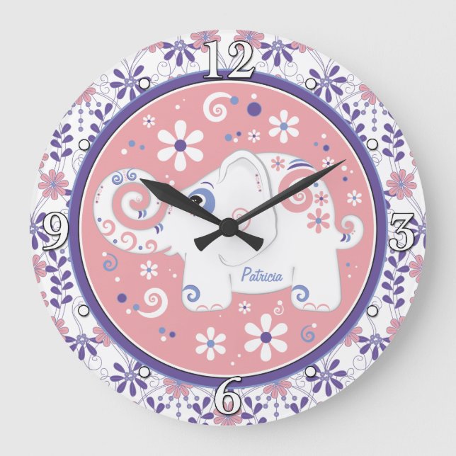 Purple Pink White Elephant Floral Personalised Large Clock (Front)
