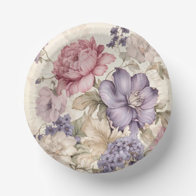 Purple Pink White Floral Paper Bowl Paper Plate (Front)