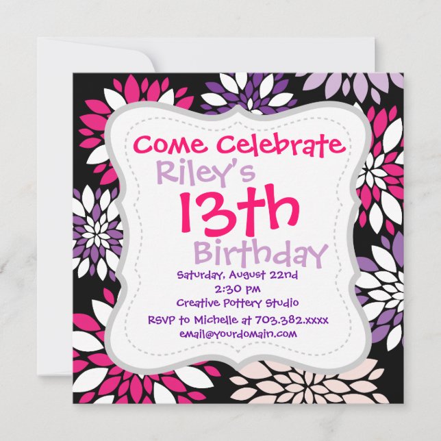 Purple Pink White Flower Art on Black Invitation (Front)