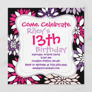 Purple Pink White Flower Art on Black Invitation