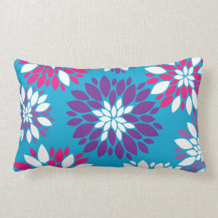 Purple Pink White Flower Art on Blue Lumbar Cushion