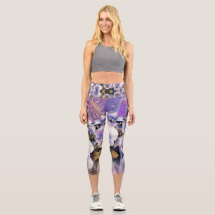 Purple Pink White Pansies near Water Watercolor Capri Leggings