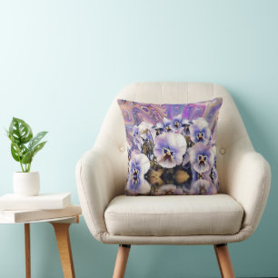 Purple Pink White Pansies near Water Watercolor Cushion