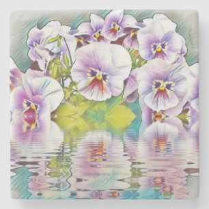 Purple Pink White Pansies near Water Watercolor    Stone Coaster