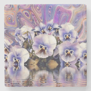 Purple Pink White Pansies near Water Watercolor    Stone Coaster