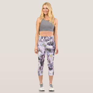 Purple Pink White Pansies Vintage Drawing Capri Leggings
