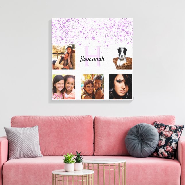 Purple pink white photo collage monogram canvas print (Insitu(LivingRoom))