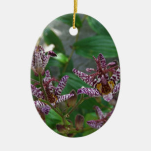 Purple pink white striped orchid like flower lilly ceramic tree decoration