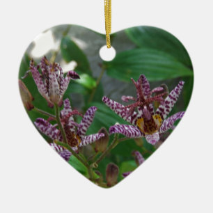 Purple pink white striped orchid like flower lilly ceramic tree decoration