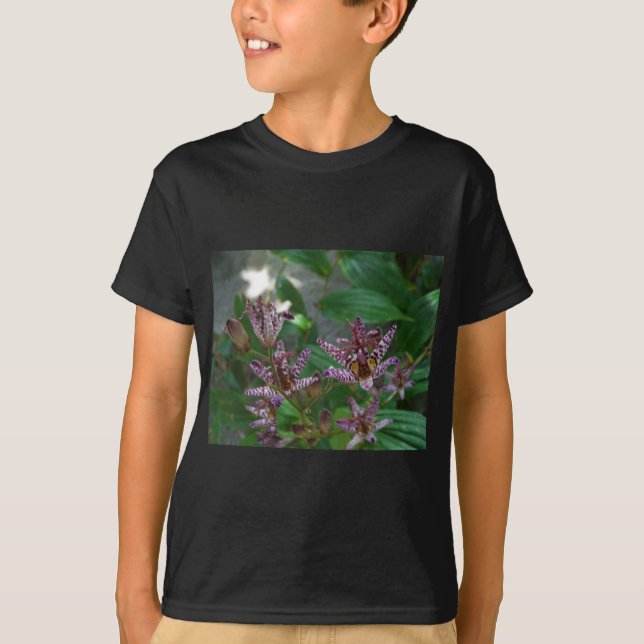 Purple pink white striped orchid like flower lilly T-Shirt (Front)