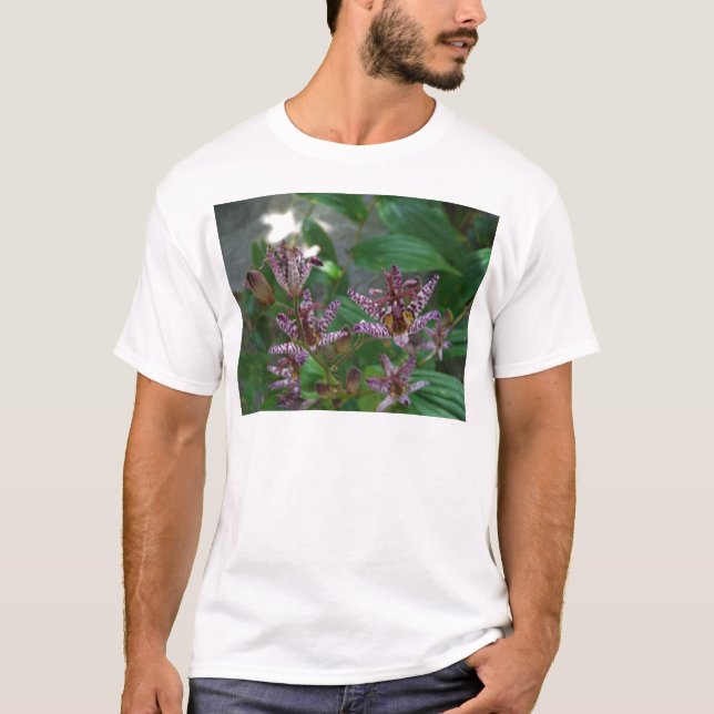 Purple pink white striped orchid like flower lilly T-Shirt (Front)