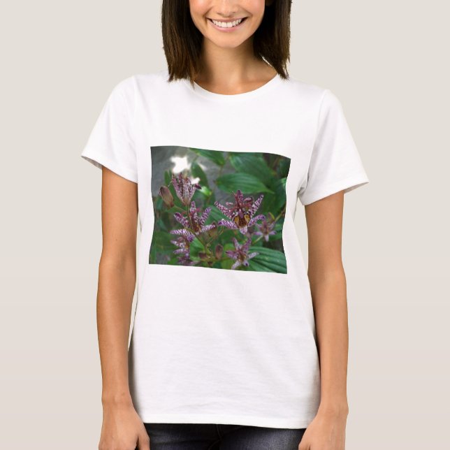 Purple pink white striped orchid like flower lilly T-Shirt (Front)