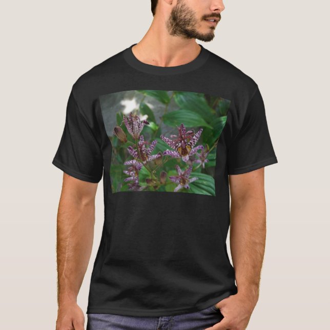 Purple pink white striped orchid like flower lilly T-Shirt (Front)