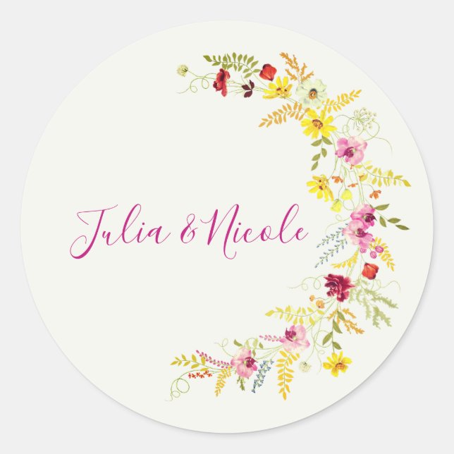 Purple Pink Wild Orchid Flowers Wreath Wedding Classic Round Sticker (Front)