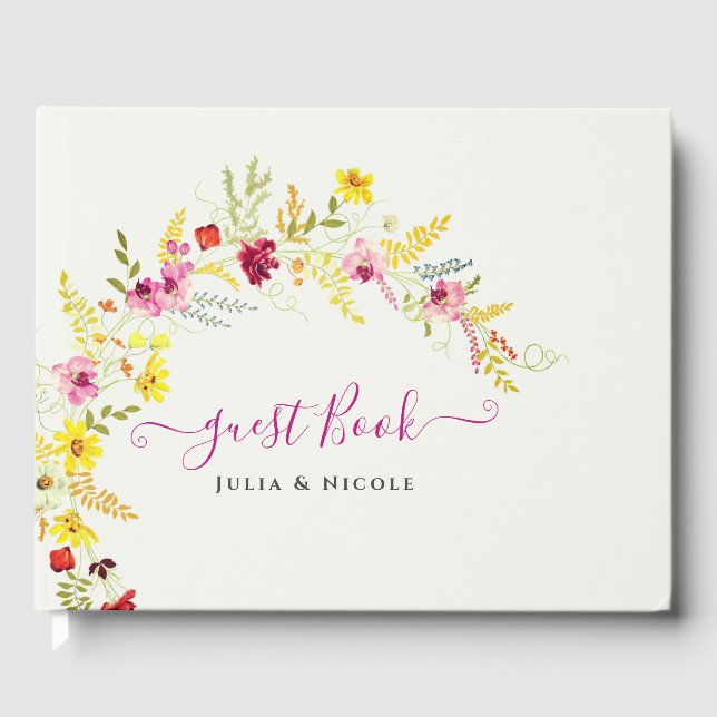 Purple Pink Wild Orchid Flowers Wreath Wedding Guest Book (Front)