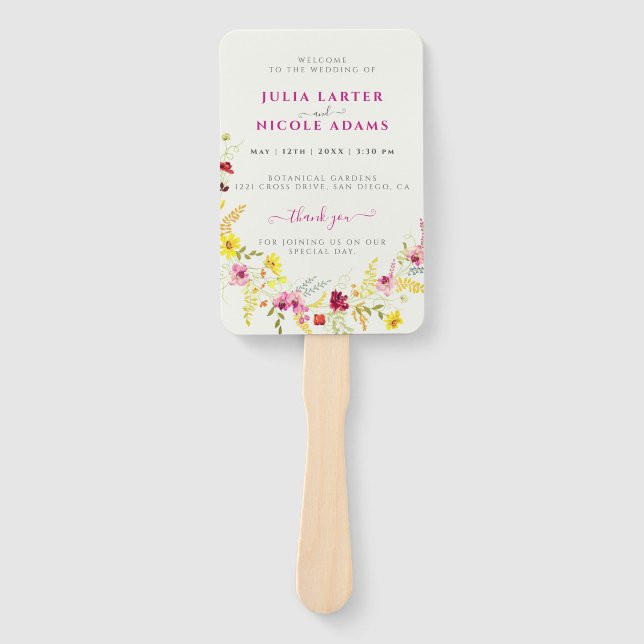 Purple Pink Wild Orchid Flowers Wreath Wedding Hand Fan (Front)