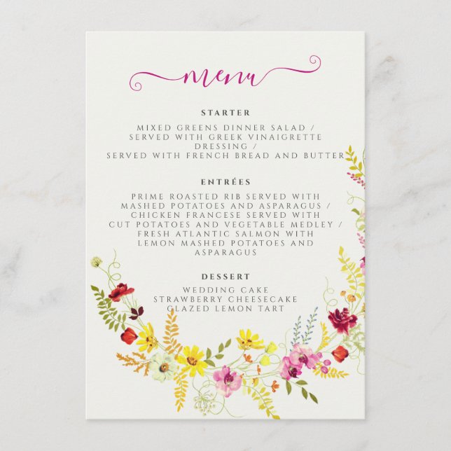 Purple Pink Wild Orchid Flowers Wreath Wedding Menu (Front)