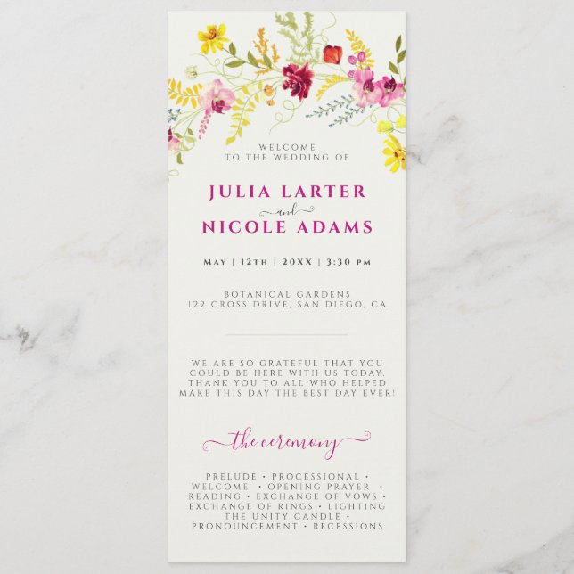 Purple Pink Wild Orchid Flowers Wreath Wedding Programme (Front)