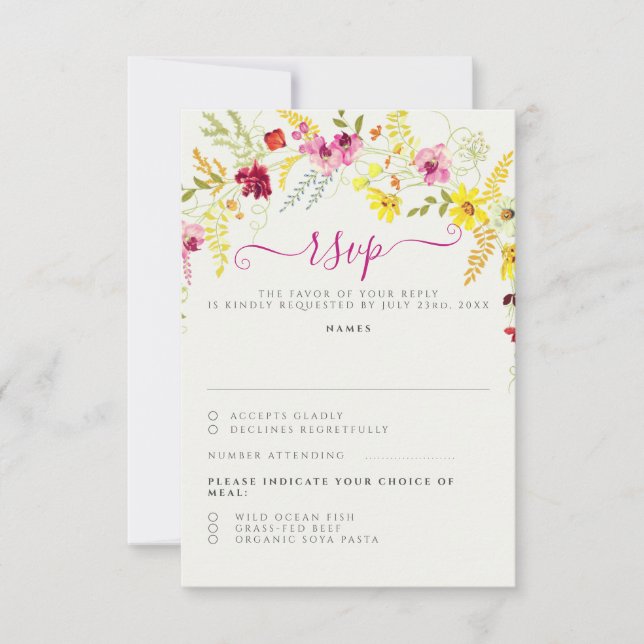 Purple Pink Wild Orchid Flowers Wreath Wedding RSVP Card (Front)