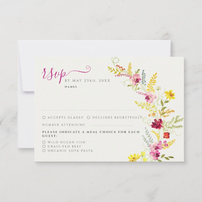 Purple Pink Wild Orchid Flowers Wreath Wedding RSVP Card (Front)