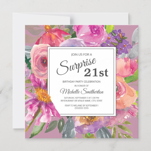 Purple Pink Wildflower 21st Square Birthday Party Magnetic Invitation (Front)